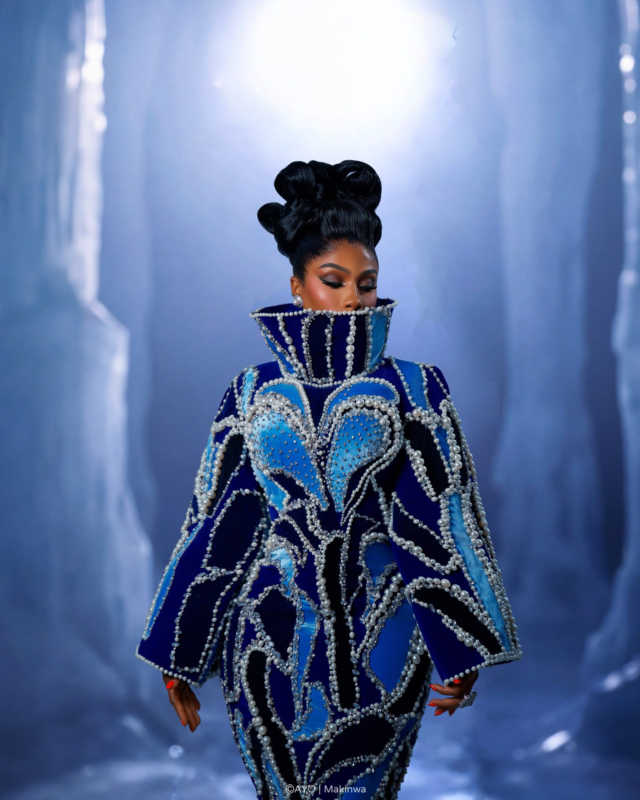 Mercy Eke in cobalt and ice blue velvet Amy Aghomi gown at BellaNaija Grand Red Carpet Experience
