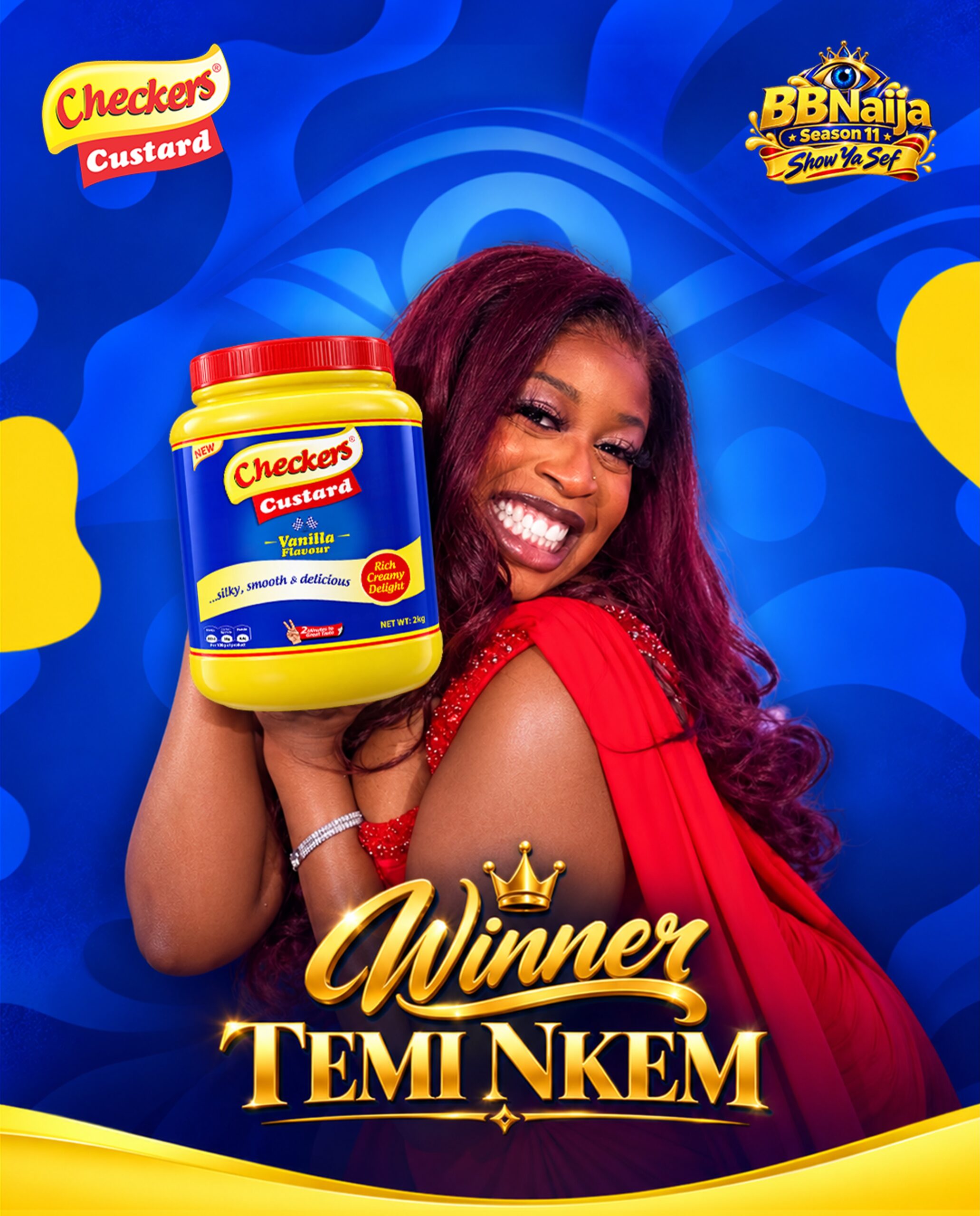 BBNaija Season 11 winner Temi Nkem holding a 2kg jar of Checkers Custard Vanilla Flavour against a blue background.