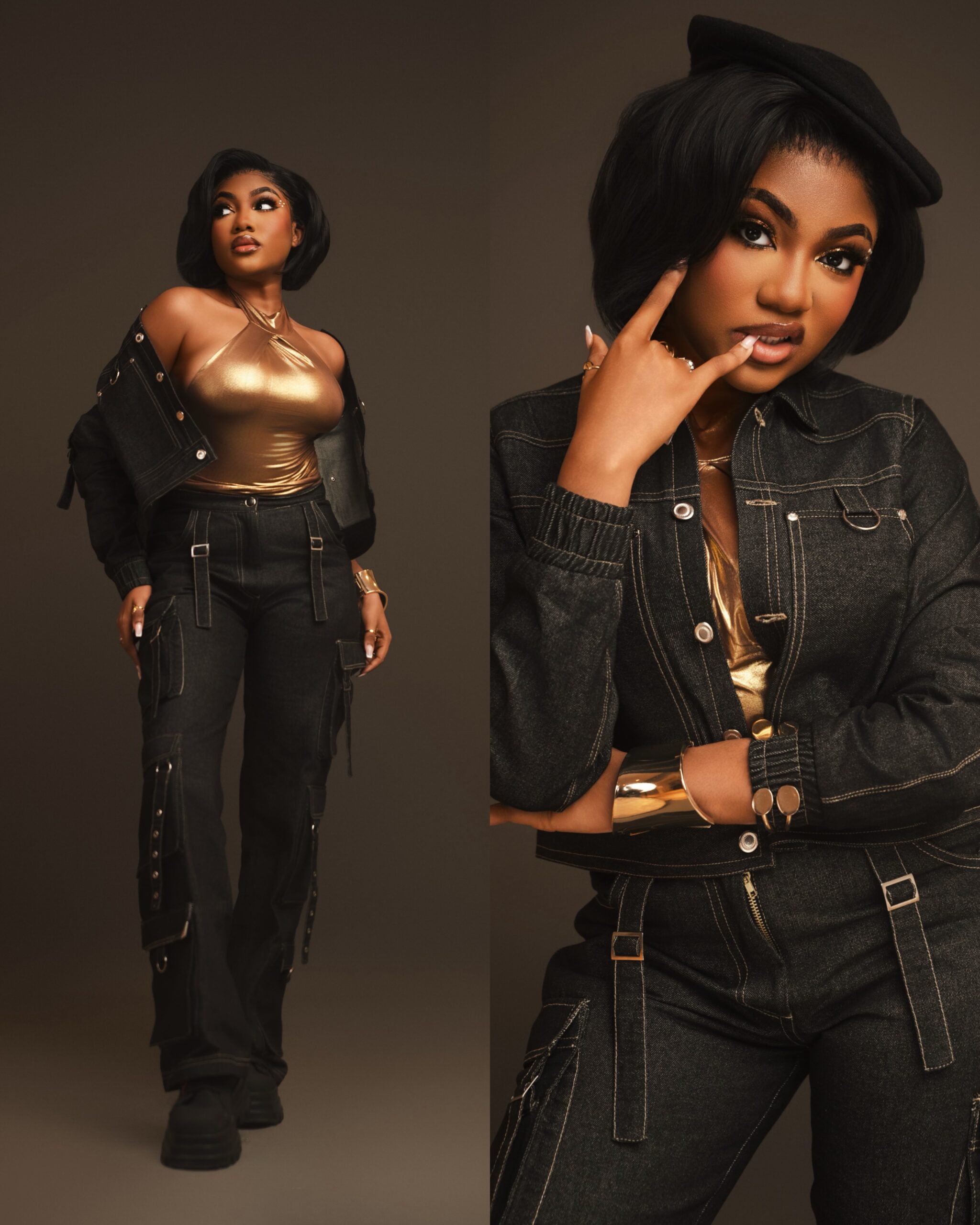 Angel Unigwe wearing a metallic gold halter top, dark denim jacket, matching cargo trousers with silver buckles, and a black beret.