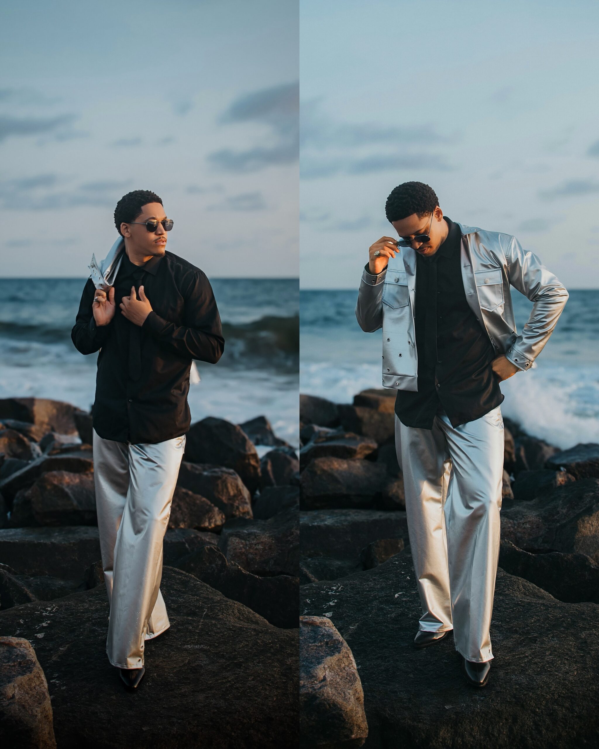 Eronini Osinachim wearing a silver metallic jacket and wide-leg metallic trousers over a black shirt by the ocean.