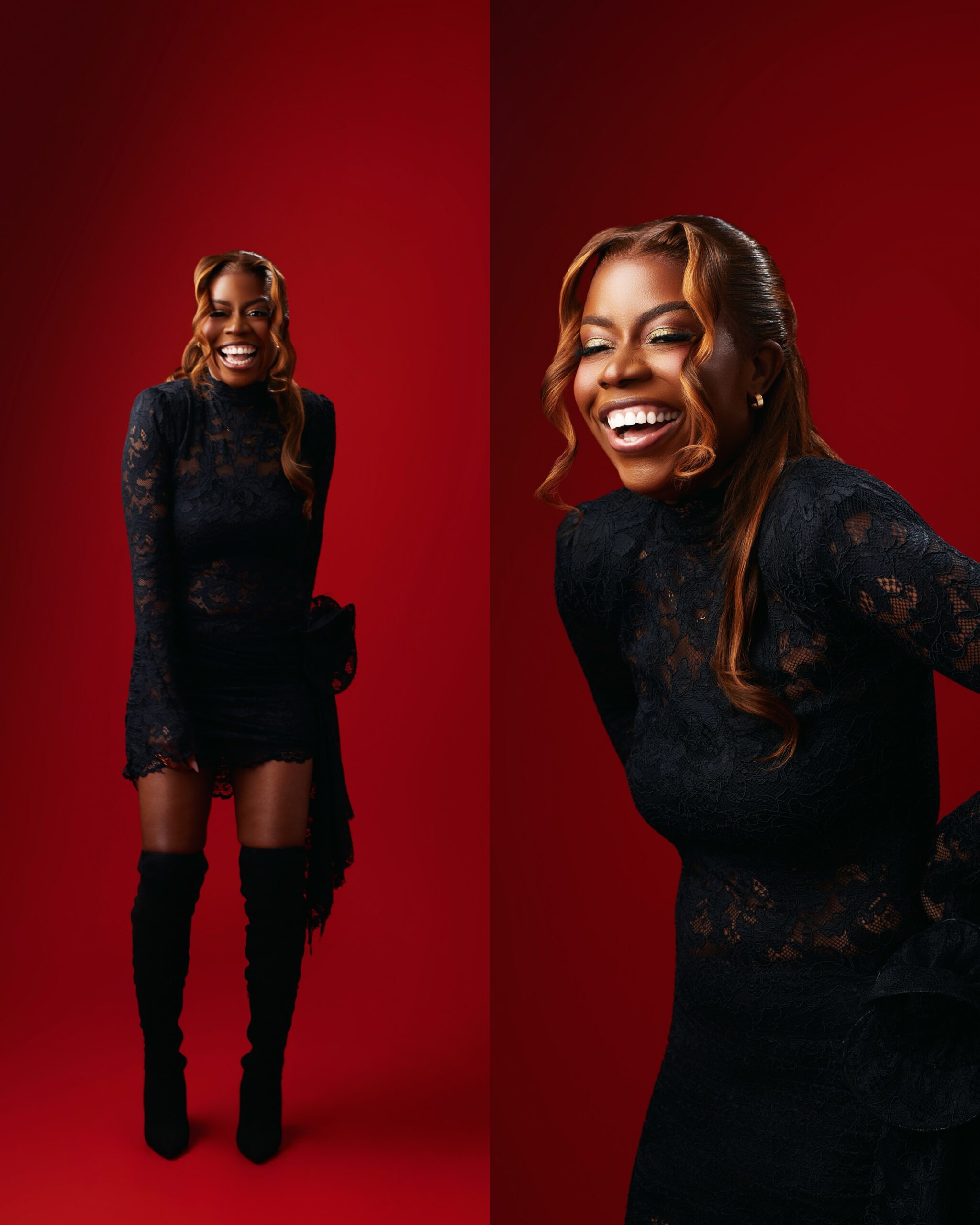 Filmmaker Adenike Adebayo-Esho smiling in a high-neck black lace mini dress and black knee-high boots.