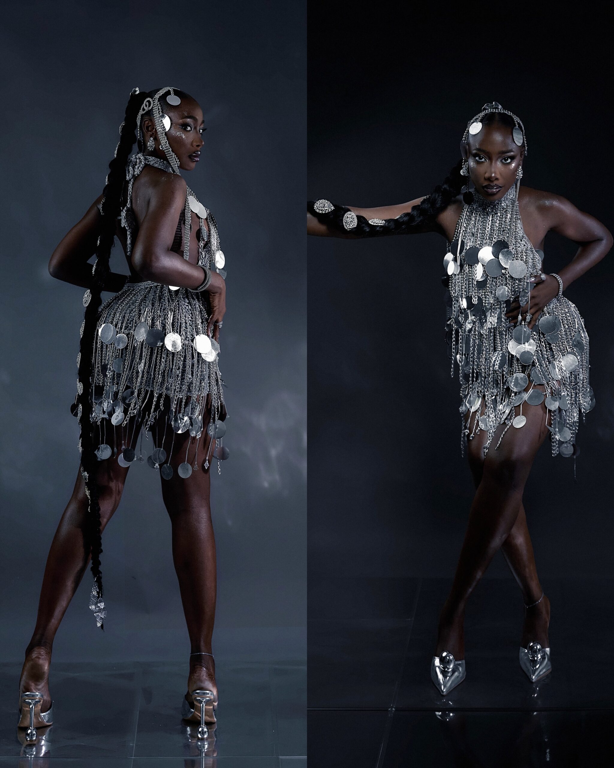 Gbubemi Ejeye wearing a metallic silver chain halter mini dress with coin embellishments and a silver hair piece.
