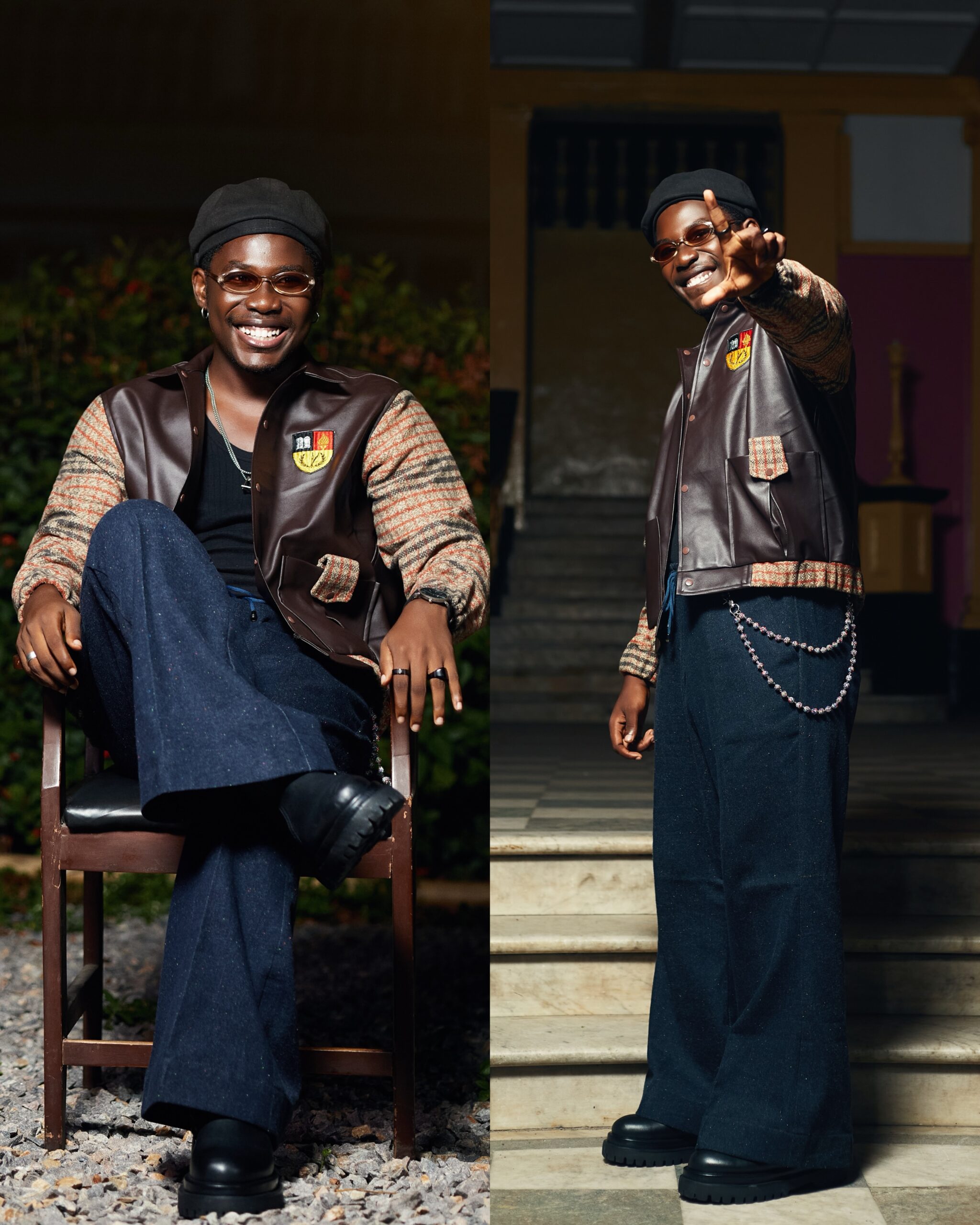 Kayode Jnr Ojuolape wearing a brown leather varsity jacket, black beret, and dark denim flare trousers.