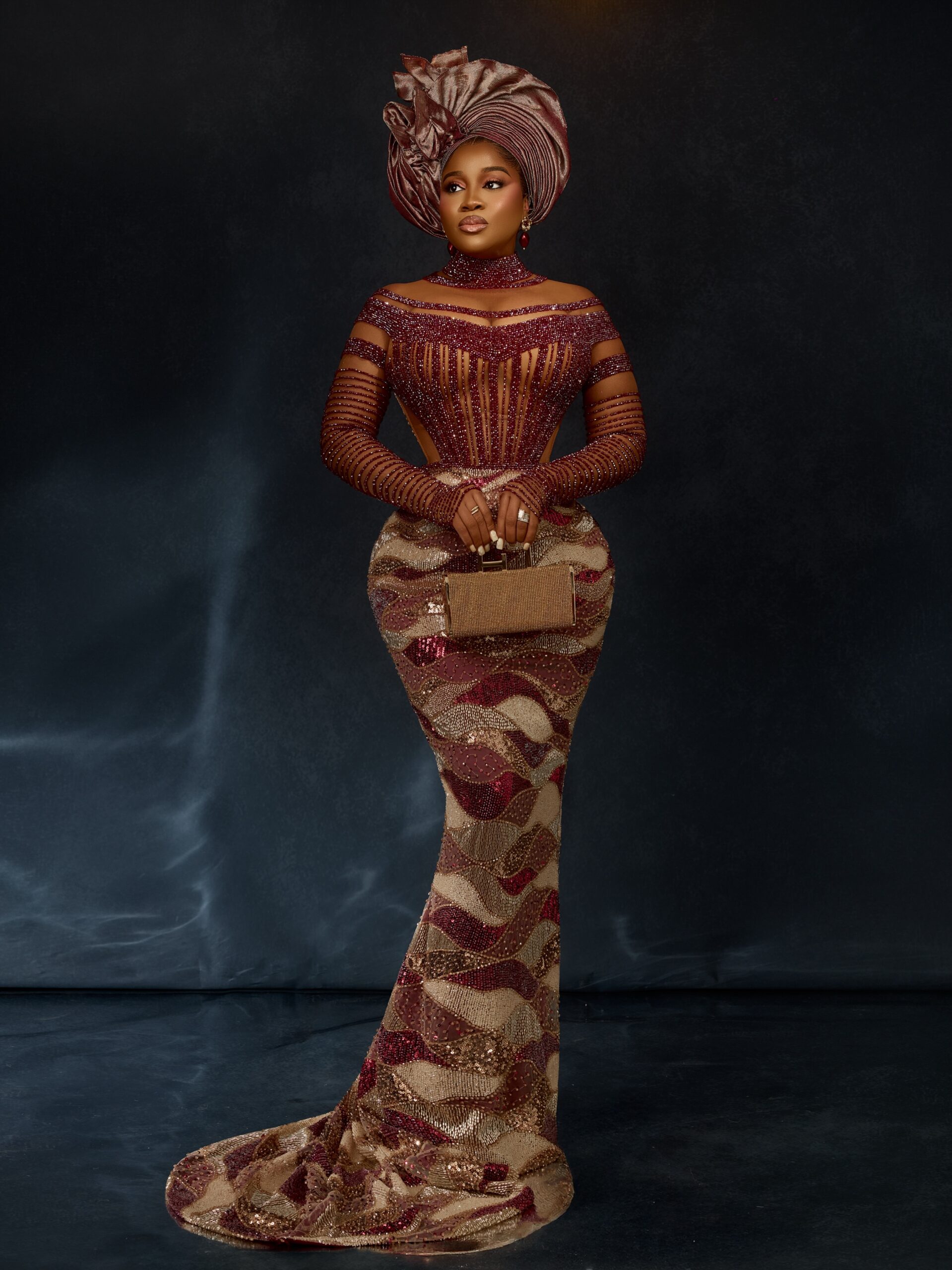 Veekee James’ Sheer Beaded Bodice Leads Wine-Red Fashion at Zlatan Ibile’s Wedding | See Photos