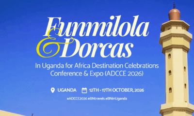 BellaNaija ADCCE 2026 travel announcement graphic featuring Funmilola Sanya and Dorcas Anya against the Uganda National Mosque in Kampala and the Ugandan flag.