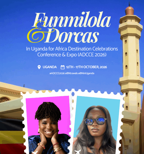 BellaNaija ADCCE 2026 travel announcement graphic featuring Funmilola Sanya and Dorcas Anya against the Uganda National Mosque in Kampala and the Ugandan flag.