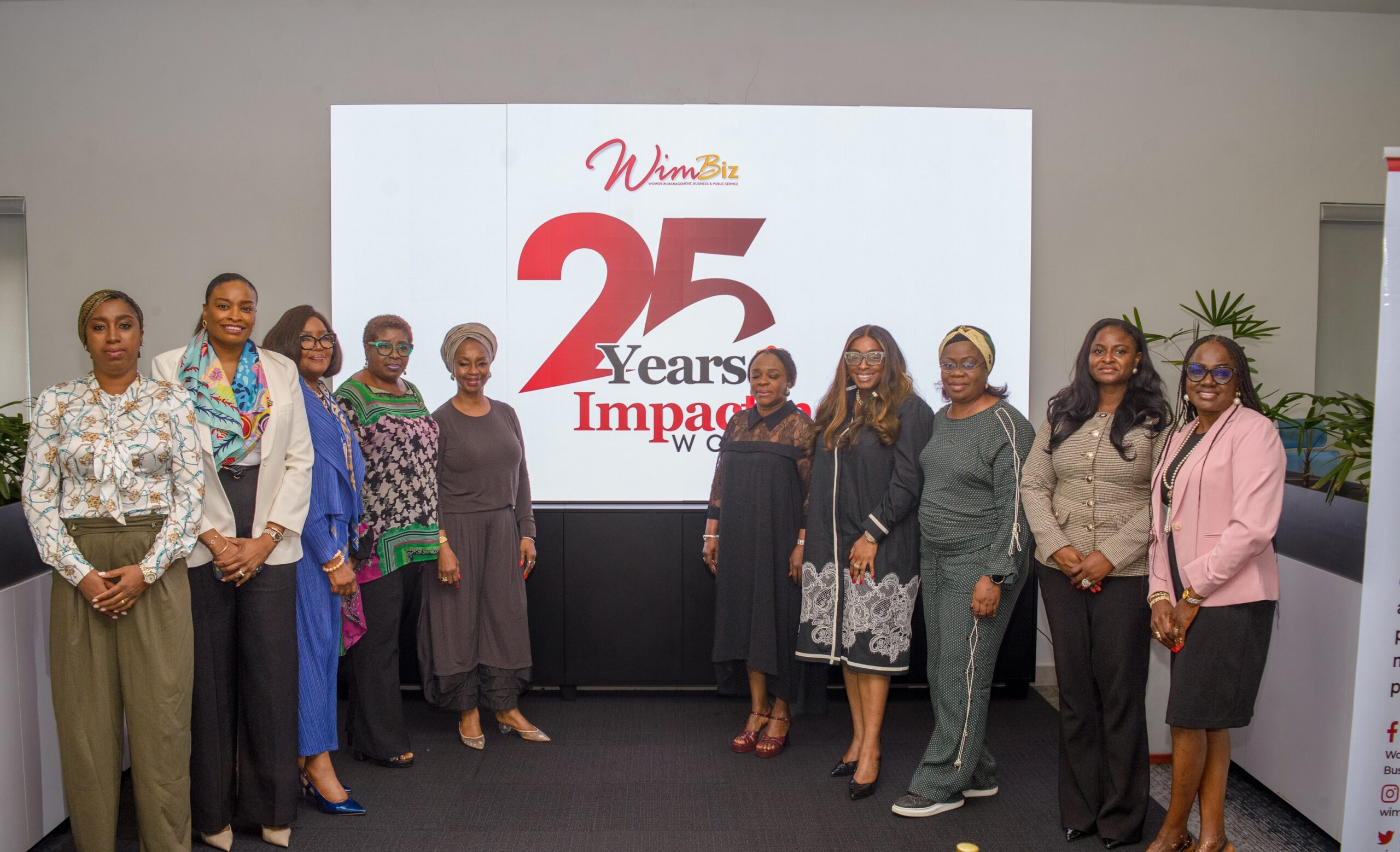 2026 WIMBIZ Conference Communications Chair, Funmi Onuma; Member, WIMBIZ Board of Trustees, Rolake Akinkugbe-Filani; WIMBIZ 25th Anniversary Committee Chair, Awuneba Ajumogobia; Co-Founder, WIMBIZ, Morin Desalu; Co-Founder, WIMBIZ, Ifeyinwa Ighodalo; Co-Founder, WIMBIZ, Adeola Azeez; Member, WIMBIZ Board of Trustees, Osayi Alile; 2026 WIMBIZ Conference Planning Group Chair, Ronke Onadeko; Executive Director, WIMBIZ, Omowunmi Akingbohungbe; and 2026 WIMBIZ Conference Planning Group Vice Chair, Yemisi Peters, during the WIMBIZ@25 Press Conference in Lagos on Tuesday, October 13, 2026.