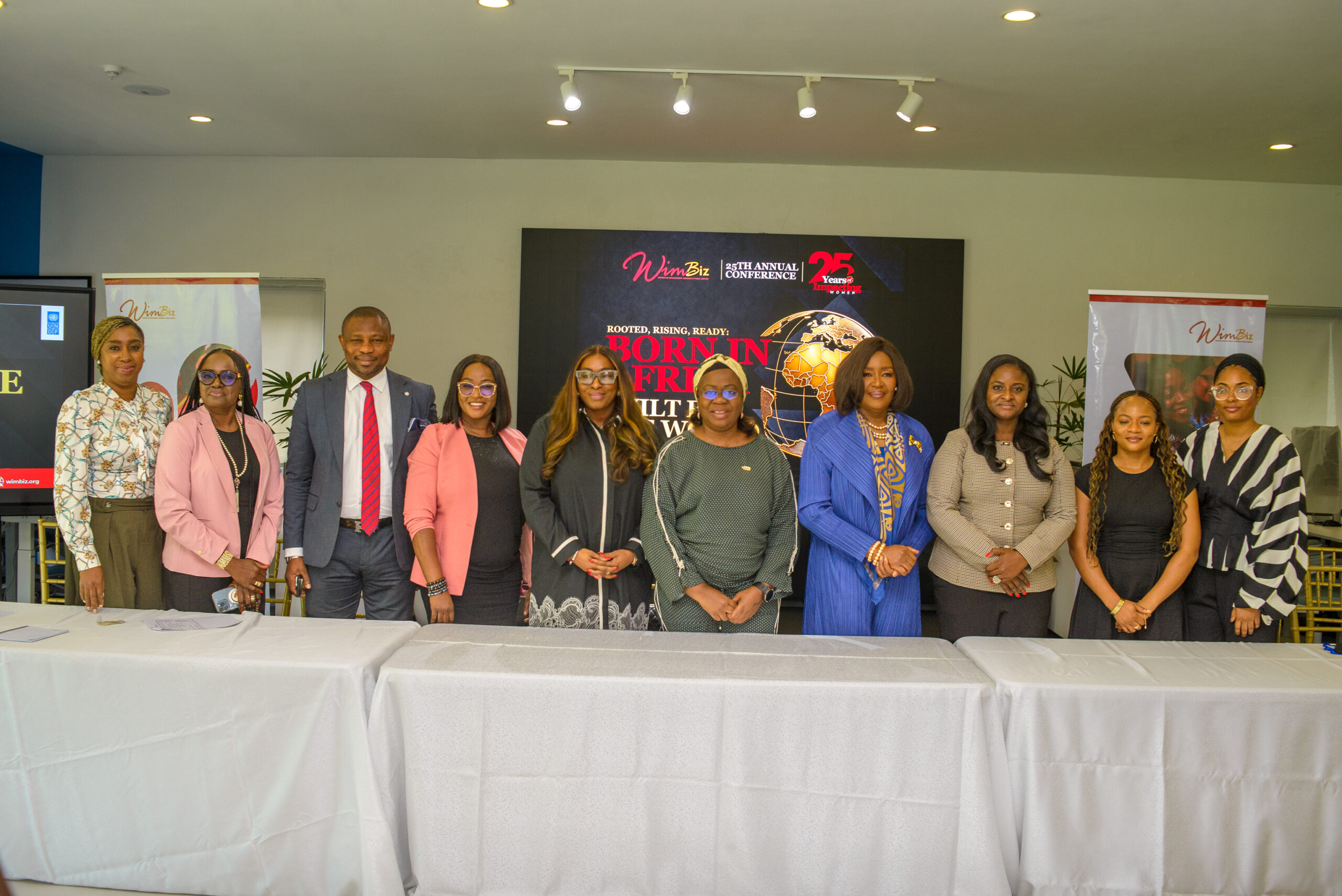 2026 WIMBIZ Conference Communications Chair, Funmi Onuma; 2026 WIMBIZ Conference Planning Group Vice Chair, Yemisi Peters; Chief Information Officer, IWOSAN, Olanrewaju Lawal; Group Head, Marketing & Growth, IWOSAN, Foluso Adeyemi; Member, WIMBIZ Board of Trustees, Osayi Alile; 2026 WIMBIZ Conference Planning Group Chair, Ronke Onadeko; WIMBIZ 25th Anniversary Committee Chair, Awuneba Ajumogobia; Executive Director, WIMBIZ, Omowunmi Akingbohungbe; Representative, Enterprise Development Centre, Mayo Deji-Omotayo; and Project Support Manager, Enterprise Development Centre, Halima Rabiu, during the WIMBIZ@25 Press Conference in Lagos on Tuesday, October 13, 2026.