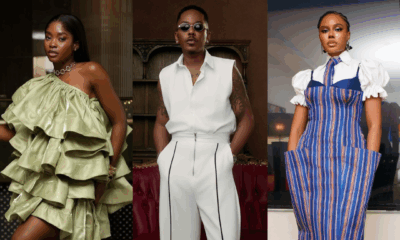 Street style inspiration collage for Lagos Fashion Week featuring sage tiered dress, white sleeveless jumpsuit, and blue striped Aso-Oke dress.