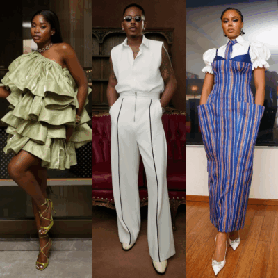 Street style inspiration collage for Lagos Fashion Week featuring sage tiered dress, white sleeveless jumpsuit, and blue striped Aso-Oke dress.