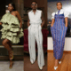 Street style inspiration collage for Lagos Fashion Week featuring sage tiered dress, white sleeveless jumpsuit, and blue striped Aso-Oke dress.