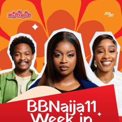 Minimie BBNaija Season 11 Week in Review graphic featuring Top 3 finalists Aikou, Temi Nkem, and Sheba.